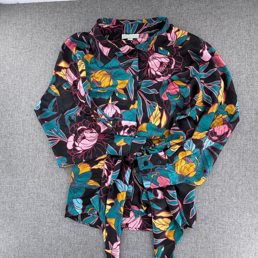 Ryegrass Tie Knot Button Top Plus 2x Blouse Floral Collared Long Sleeve - Picture 8 of 13
